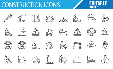 Construction site vector icons for building and machinery
