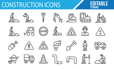 Construction tools and worker icons for industrial design