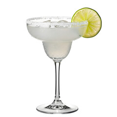 A classic, refreshing margarita cocktail with a salted rim and lime garnish on isolated transparent background, for a festive bar menu.