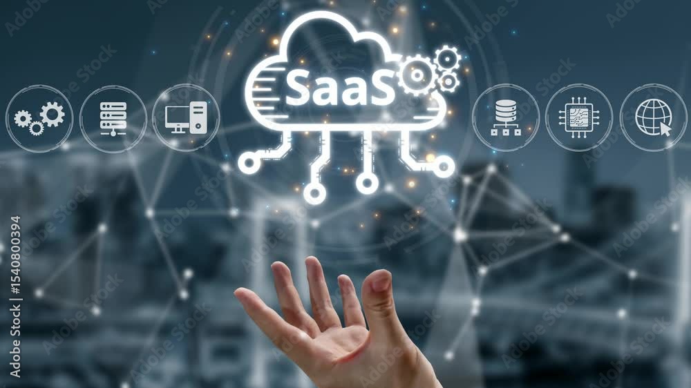 Poster visual representation of saas showing infrastructure, saas deployment, saas platform features, and s
