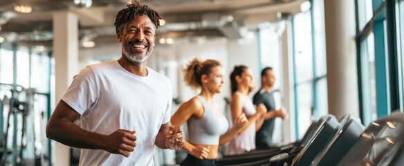 The joyful runners enjoying a motivating workout session at the gym.