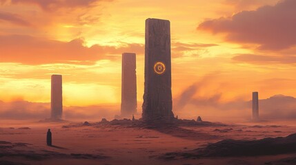 Ancient, Rusty Monoliths in a Golden Desert Sunset