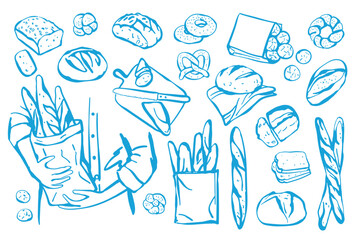 Hand drawn set of different types of bread. Sketch style bakery products