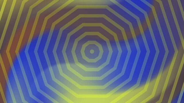 Colorful geometric pattern featuring concentric octagons in vibrant blue and yellow tones