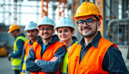 Construction workers in uniform, hard hats, and safety vests,  hardhat,  engineering