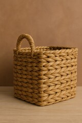 Obraz premium A close-up shot of a handcrafted, woven basket with a handle, suitable for home storage or decor.