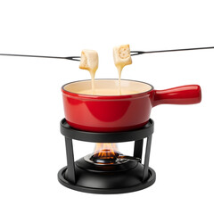 A communal pot of classic Swiss cheese fondue with dipping forks on isolated transparent background, representing a social dining experience.