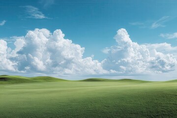 Fototapeta premium Lush green grass on a golf course under a bright blue sky with fluffy white clouds, perfect for travel promotions or advertising outdoor activities.