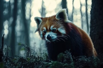 Red panda exploring its forest habitat in soft evening light, Portrait of a red panda in the forest