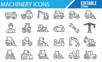 Excavator, crane, and bulldozer icons for engineering work