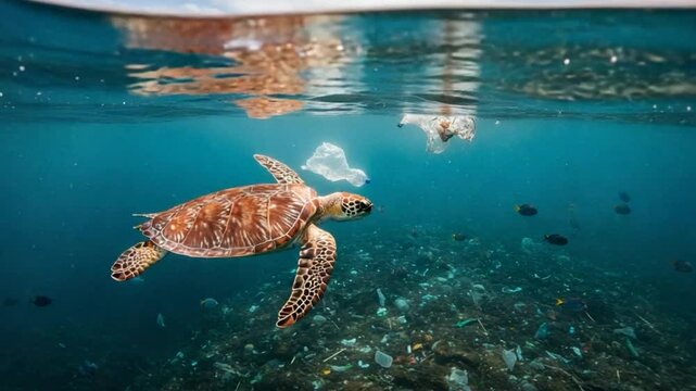 Sea turtle swimming in ocean with plastic pollution marine environment