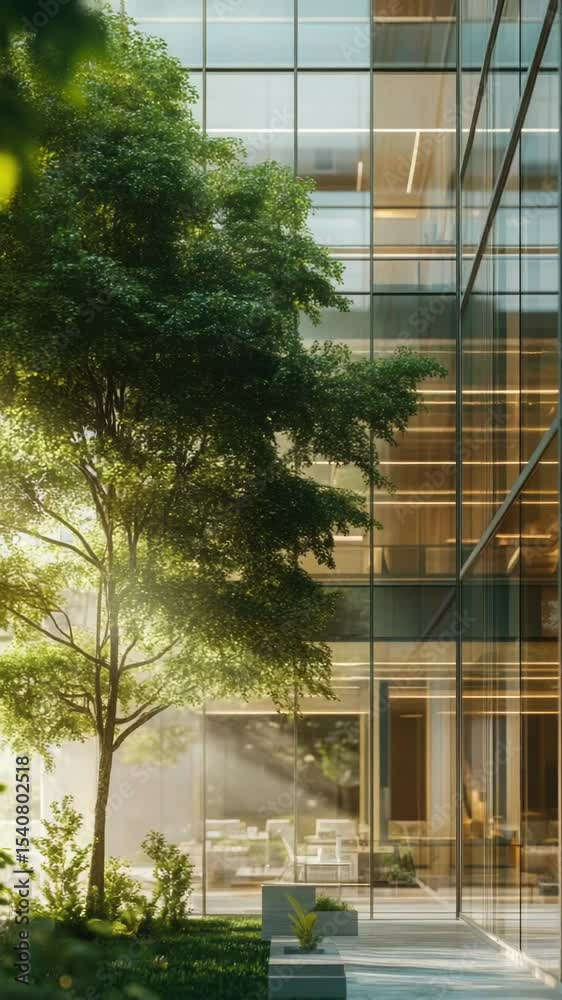 Poster A modern glass building with a tree in the foreground, suitable for architectural or design-related uses