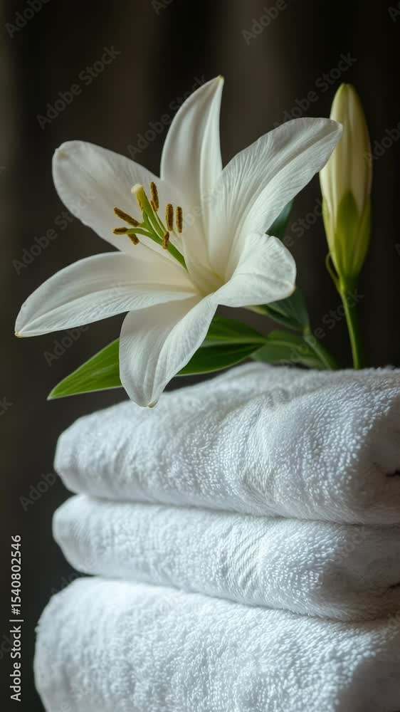 Poster stack of white towels with a single flower on top