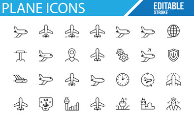 Icons of planes, airports, and travel elements, ideal for air travel and aviation projects.