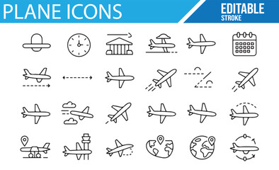 Collection of airplane icons, including flight-related symbols, airport designs, and aviation-related elements.