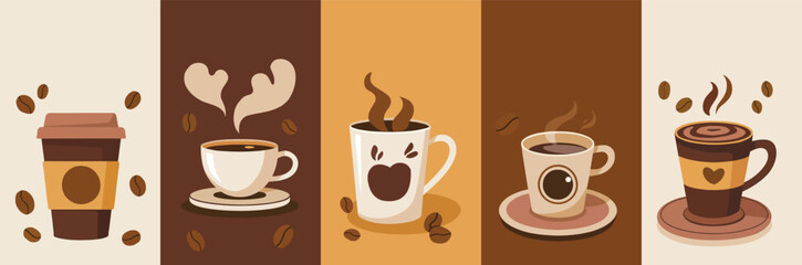 Set of 5 Coffee Cups and Takeaway Coffee Brown Beige Cream Colors International Coffee Day