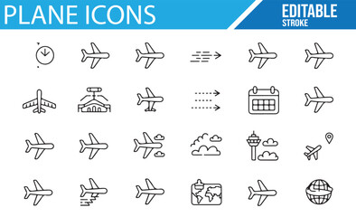 Simple and modern airplane icons depicting flight paths, airports, and travel-related symbols.