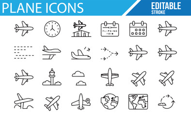 Line art vector icons showing various airplane types, departure, and arrival symbols for aviation use.
