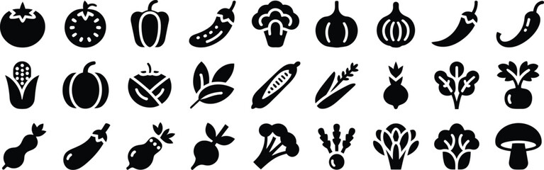 Monochrome Vegetable Icon Set &ndash; Vector Illustrations of Vegetables including Tomatoes, Peppers, Pumpkins, Onions, and Mushrooms for Fresh Food and Nutrition Designs