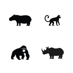 Obraz premium Hippopotamus monkey orangutan and rhinoceros in wild habitat silhouette Vector illustration