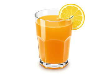 A glass of orange juice with a lemon slice on the rim sitting on a white surface in a studio shot