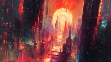 Crimson Metropolis: A Cyberpunk Cityscape of Abstract Hues
