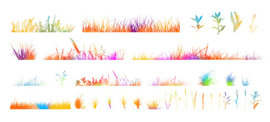 Set of horizontal banners of meadow colored silhouettes with grass. hand drawn. Not AI, Vector illustration