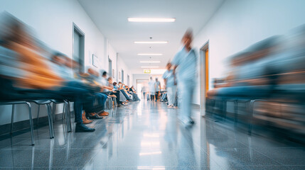 Blurred motion view of hospital hallway with patients and medical staff moving.

