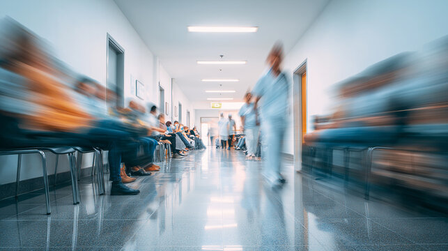 Blurred motion view of hospital hallway with patients and medical staff moving.

 - Powered by Adobe