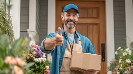 Reliable Delivery : The happy delivery person giving thumbs up while holding a package, creating an atmosphere of trust and reliability.