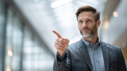 Strategic Pointer: A confident businessman in a grey suit points towards something off-camera, conveying direction, strategy, and decision-making. His expression is thoughtful yet assertive.