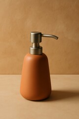 A close-up shot of a stylish orange soap dispenser with a silver pump