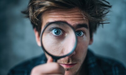 Man with magnifying glass, examining
