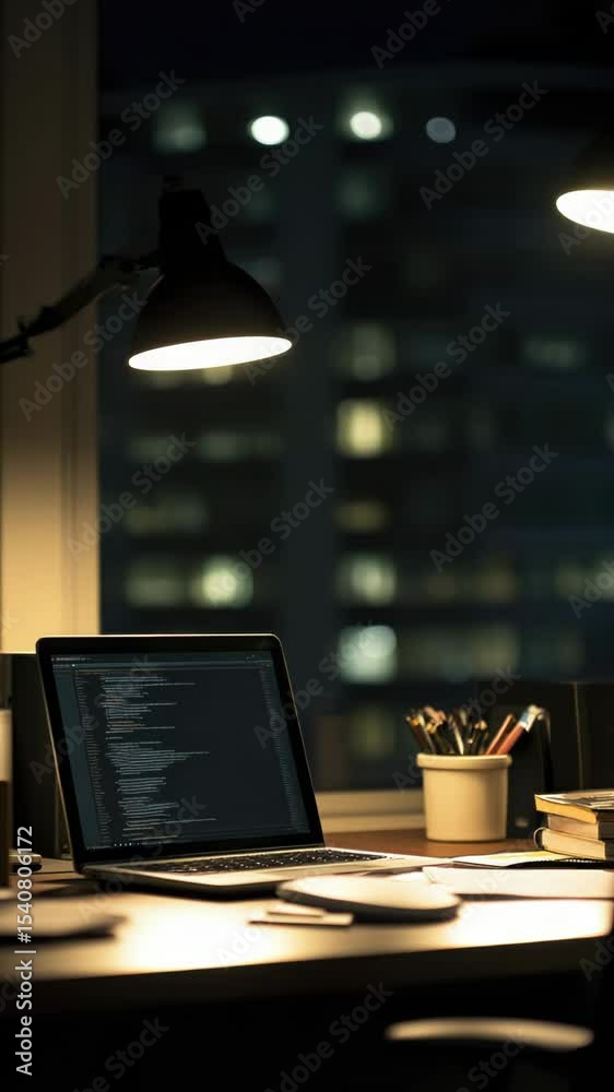 Poster a laptop computer sitting on a desk, ready for use