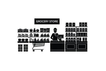 Grocery store vector in black color on white background.