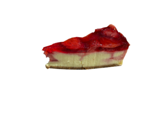 Isolated slice of strawberry cheesecake with jelly on white background, concept of dessert, pastry, sweettreat, with text space