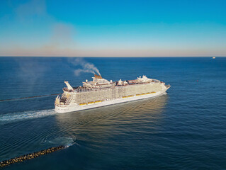 Cruise ship voyage. Aerial view of cruise in summer vacation. Cruise ship tour and travel at sea....