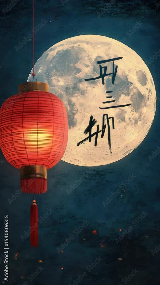 Poster A single red lantern hangs from a string, illuminated by the bright light of a full moon