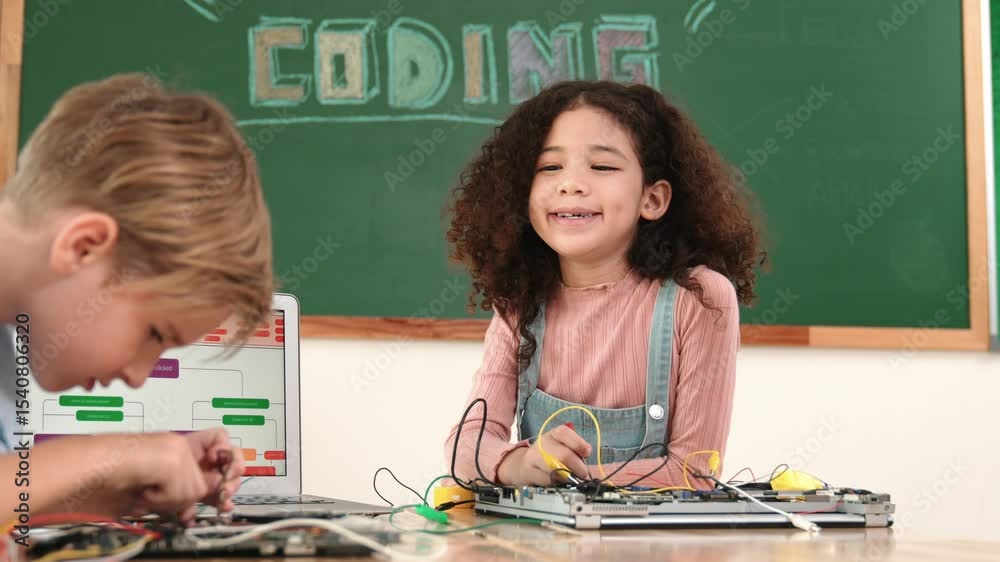 Poster diverse student working electronic board while laptop screen display coding engineering prompt and p