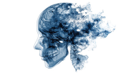 Blue smoke creating a human skull profile symbolizes mental health issues and neurological disorders on a transparent background, ideal for health and wellness projects
