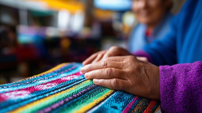 Close-up of elderly hand touching colorful traditional textile at a market stall.
