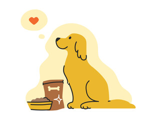 Cute, charming dog surrounded by various pet products: bed, pack of food, collar and leash. Sitting labrador. Modern cartoon style. Isolated hand drawn vector illustration.
