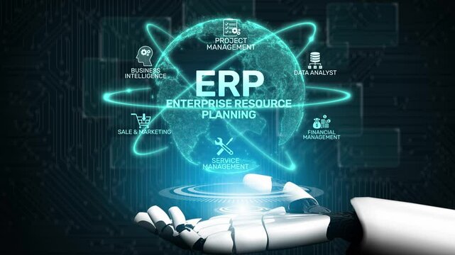 ERP platform visual showing centralized system for enterprise resource planning, improving integration, data flow, business efficiency, finance, inventory, and human resources. Muxer