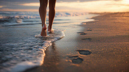 Barefoot Walk at Sunset Along Ocean Shoreline