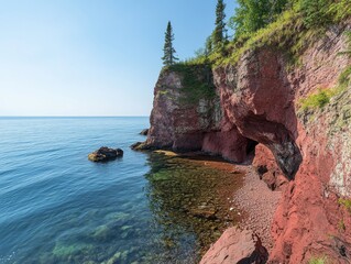 Red Rock Coastline Cave, Sea Cave, Coastal Landscape, Lake Superior