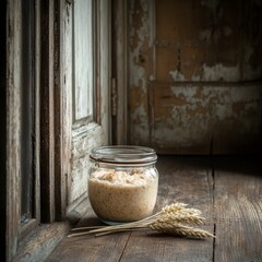 Rustic Glass Jar of Creamy Oat Mixture with Wheat, Baking, Fermentation , oat, sourdough