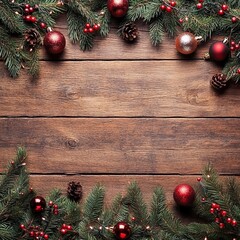 Rustic Wooden Christmas Background Ornaments, Pine, Berries, Holiday Decor, Christmas Background, Festive Background