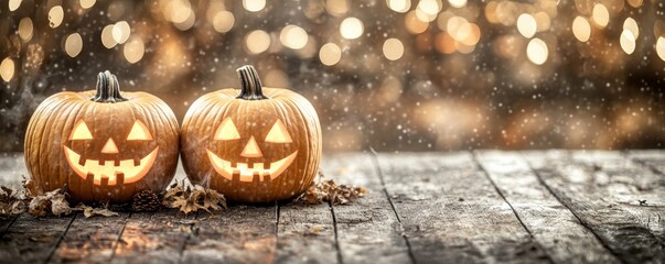 Snowy Night Jack-o'-lanterns on Rustic Wood, Halloween Decor, Autumn Halloween, Jack o lantern