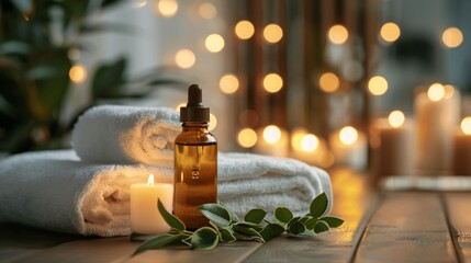 Spa atmosphere with white towels, essential oils, and aromatic candles arranged on wood in a cozy setting