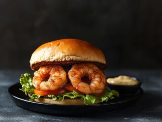 Spicy Shrimp Burger with Lettuce and Creamy Sauce, seafood burger, shrimp recipe
